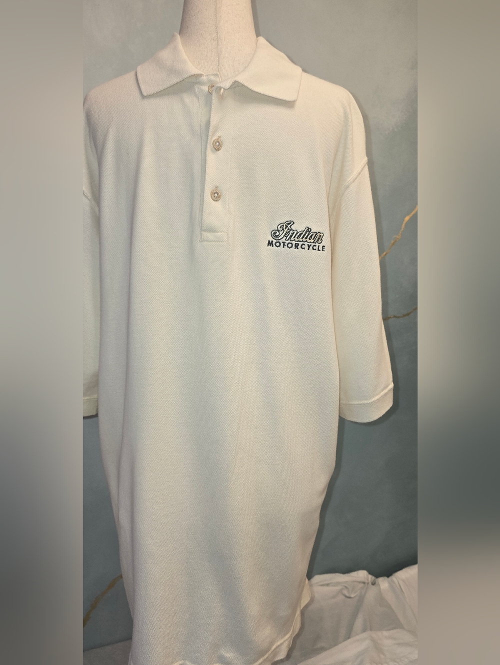 Indian Motorcycle Vintage Ivory White Polo Short Sleeve Knit Shirt 100% Cotton L